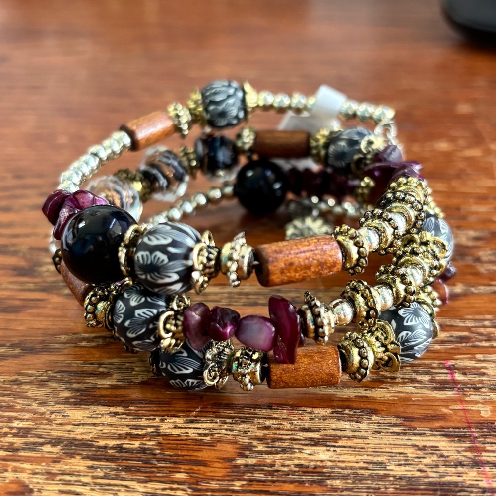 Beaded Coil Bracelet Set in Black, Gold & Brown